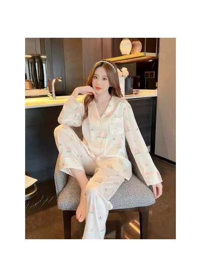 Adorable Women's Pajama Set with Long Sleeve and Long Pants in Thin Ice Silk with Peach Blossom Print for 2023 Autumn New Arrival Home Wear