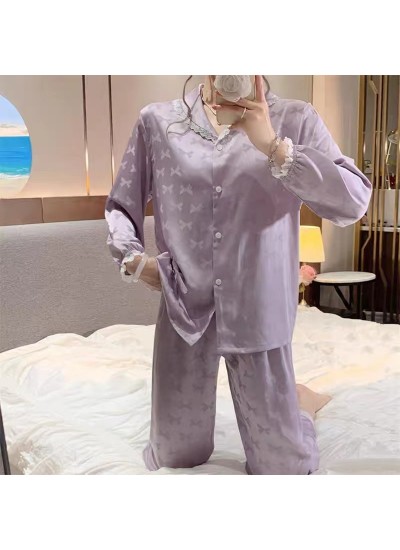 Autumn Winter New Arrival Women's Vintage Palace Style Sleep Set with Lace Flowers and Embroidery in Long Sleeve and Long Pants for Home Wear