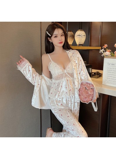 Autumn and Winter New Golden Velvet Women's Sleepwear, Three-piece Nightgown Korean Velvet Pajamas Long Pants Character Lace Trim Home Wear