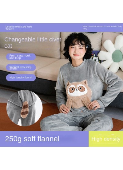 Flannelette Cute Fox and Cat Autumn and Winter Warm Thickening Home Wear Set, Thicker Sleepwear Pants, Maternity Clothes