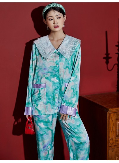 Loose pajamas women's spring and autumn long-sleeved ice silk fashion lapel large size Chinese style home service 2023 new