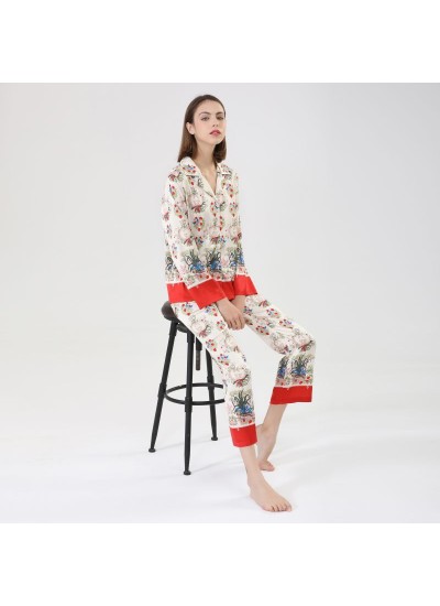 2023 new positioning printing ice silk pajamas women's long-sleeved trousers two-piece suit imitation silk home clothes can be worn outside