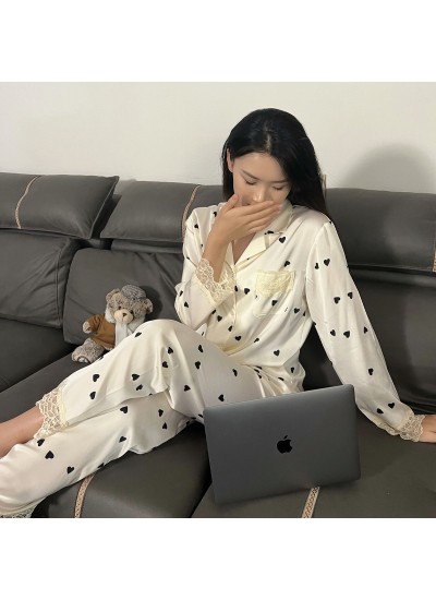 Ice Silk Pajama Set for Women in 2023 New Arrival with Milk Bop Long Sleeve in Sweet Temperament for Outdoor Wear