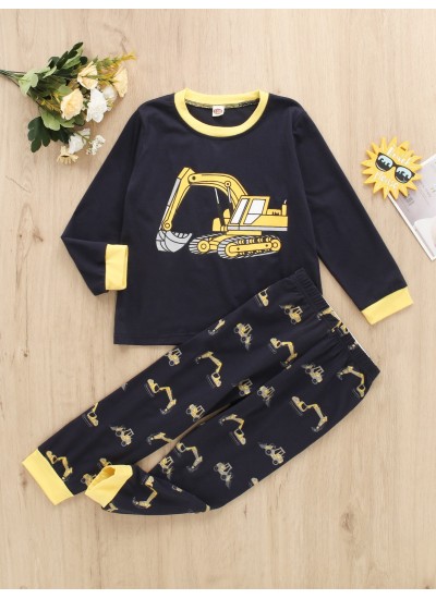 Christmas Price Cuts 2pcs Boys Casual Wear Cartoon Excavator Print Long Sleeve Pajamas 