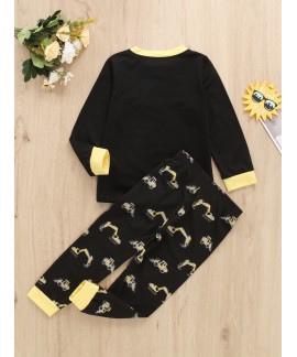 Christmas Price Cuts 2pcs Boys Casual Wear Cartoon Excavator Print Long Sleeve Pajamas 