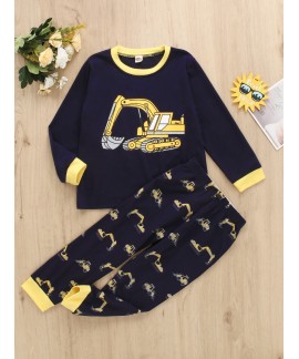 Christmas Price Cuts 2pcs Boys Casual Wear Cartoon Excavator Print Long Sleeve Pajamas 