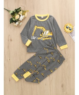 Christmas Price Cuts 2pcs Boys Casual Wear Cartoon Excavator Print Long Sleeve Pajamas 