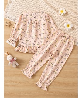 Girls Cute Printed Round Neck Long Sleeve Cardigan Top Pants Pajama Set Autumn And Winter 
