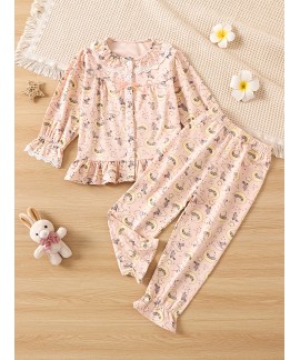 Girls Cute Printed Round Neck Long Sleeve Cardigan Top Pants Pajama Set Autumn And Winter 