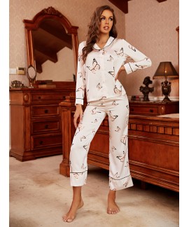Butterfly Print Pajama Set Long Sleeve Lapel Top Elastic Waistband Pants Womens Sleepwear Loungewear 