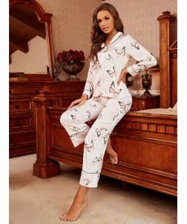 Butterfly Print Pajama Set Long Sleeve Lapel Top Elastic Waistband Pants Womens Sleepwear Loungewear 
