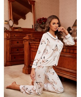 Butterfly Print Pajama Set Long Sleeve Lapel Top Elastic Waistband Pants Womens Sleepwear Loungewear 