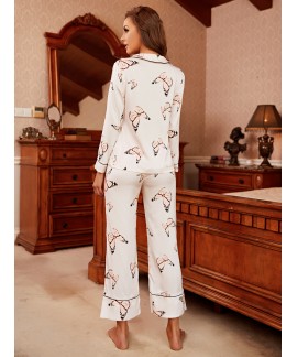 Butterfly Print Pajama Set Long Sleeve Lapel Top Elastic Waistband Pants Womens Sleepwear Loungewear 