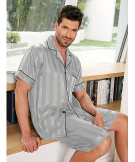 Mens Soft Comfortable Pajama Sets With Pocket Button Up Short Sleeve Top Short Pants Mens Sleepwear Loungewear 