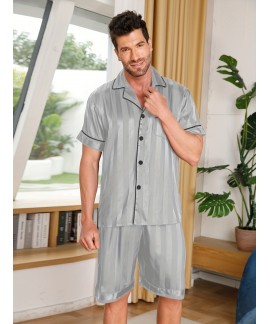 Mens Soft Comfortable Pajama Sets With Pocket Button Up Short Sleeve Top Short Pants Mens Sleepwear Loungewear 