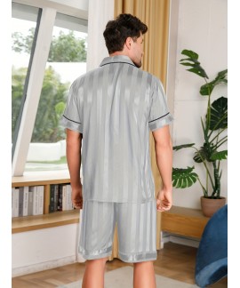 Mens Soft Comfortable Pajama Sets With Pocket Button Up Short Sleeve Top Short Pants Mens Sleepwear Loungewear 