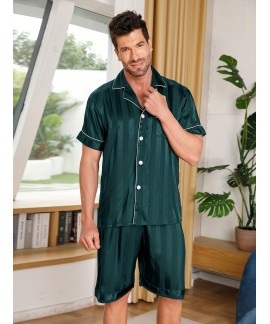 Mens Soft Comfortable Pajama Sets With Pocket Button Up Short Sleeve Top Short Pants Mens Sleepwear Loungewear 