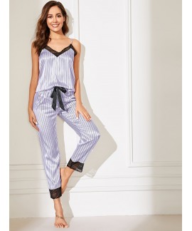 Striped Print Pajama Set, V Neck Cami Top & Lace Trim Pants, Women's Sleepwear & Loungewear 
