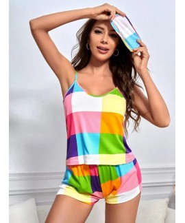 Colorful Plaid Pajama Set Sleeveless Cami Top Elastic Waistband Shorts Womens Sleepwear Loungewear 