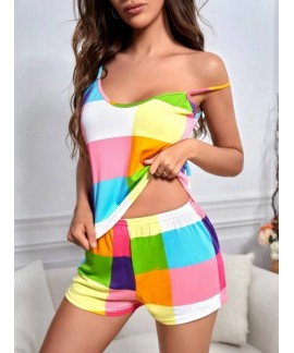 Colorful Plaid Pajama Set Sleeveless Cami Top Elastic Waistband Shorts Womens Sleepwear Loungewear 