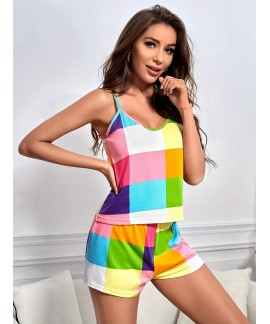 Colorful Plaid Pajama Set Sleeveless Cami Top Elastic Waistband Shorts Womens Sleepwear Loungewear 