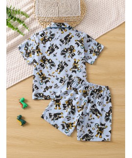 Boys Cartoon Character Pajamas Set Tops Bottoms Short Sleeves Button Casual Homewear 