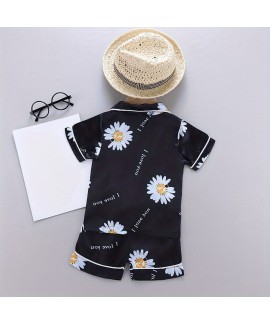 2pcs Toddler Girls Comfortable Pajamas Outfit Daisy And Letter Graphic Button Short Sleeve Sleepwear
