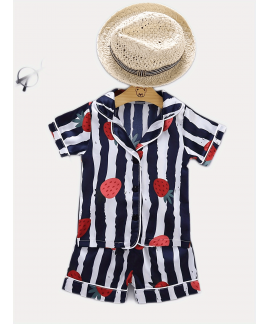 2pcs Toddler Girls Comfortable Pajamas Outfit Cute Strawberry And Stripe Graphic Button Short Sleeve Sleepwear
