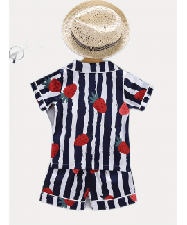 2pcs Toddler Girls Comfortable Pajamas Outfit Cute Strawberry And Stripe Graphic Button Short Sleeve Sleepwear