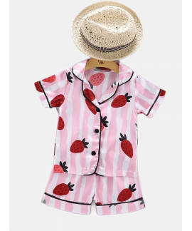 2pcs Toddler Girls Comfortable Pajamas Outfit Cute Strawberry And Stripe Graphic Button Short Sleeve Sleepwear