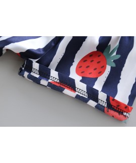 2pcs Toddler Girls Comfortable Pajamas Outfit Cute Strawberry And Stripe Graphic Button Short Sleeve Sleepwear