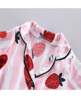 2pcs Toddler Girls Comfortable Pajamas Outfit Cute Strawberry And Stripe Graphic Button Short Sleeve Sleepwear