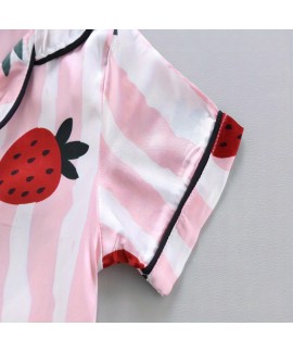 2pcs Toddler Girls Comfortable Pajamas Outfit Cute Strawberry And Stripe Graphic Button Short Sleeve Sleepwear