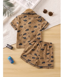 Boys Car Pajamas Set Tops Bottoms Shorts Short Sleeves Comfortable Casual Cozy Homewear Loungewear 