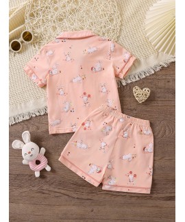 2pcs Girls Comfortable Cotton Pajamas Outfit Easter Rabbit Graphic V Neck Button Short Sleeve Sleepwear