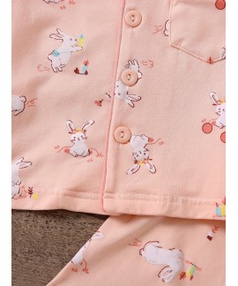 2pcs Girls Comfortable Cotton Pajamas Outfit Easter Rabbit Graphic V Neck Button Short Sleeve Sleepwear