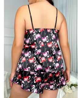 Plus Size Casual Pajama Two Piece Set, Women's Plus Flamingo Print Cami Top & Ruffle Trim Shorts Pajama 2 Piece Set 