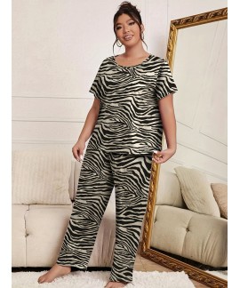 Plus Size Casual Pajama Set Womens Plus Zebra Print Short Sleeve Top Pants Pajama Two Piece Set 