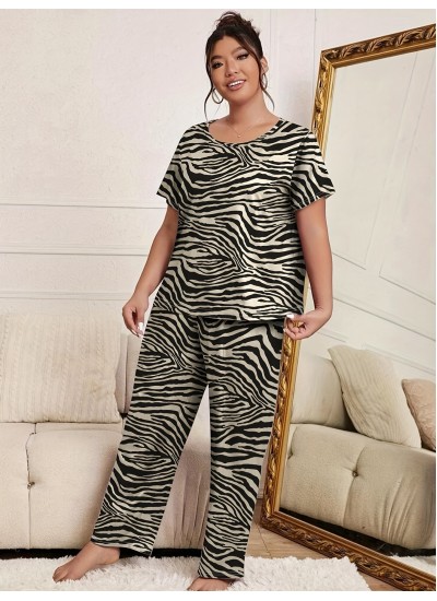 Plus Size Casual Pajama Set Womens Plus Zebra Print Short Sleeve Top Pants Pajama Two Piece Set 