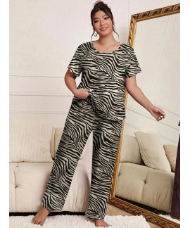Plus Size Casual Pajama Set Womens Plus Zebra Print Short Sleeve Top Pants Pajama Two Piece Set 