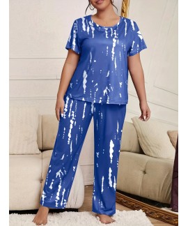 Plus Size Casual Pajama Set, Women's Plus Tie Dye Short Sleeve Top & Pants Pajama Two Piece Set 