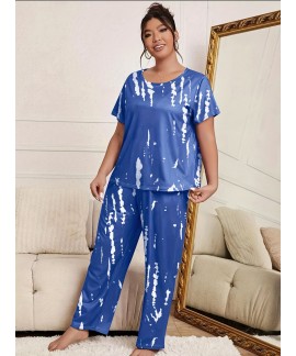 Plus Size Casual Pajama Set, Women's Plus Tie Dye Short Sleeve Top & Pants Pajama Two Piece Set 