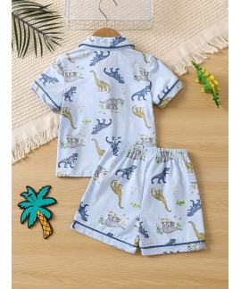 2pcs Boys Teen Cute Dinosaur Graphic Print Short Sleeve Shirt Shorts Pajama Set Clothes For Summer 