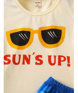 Boys Suns Up Sunglasses Beach Flowers Coconut Trees Print Pajamas Set Short Sleeves Tops Bottoms Comfortable Cozy Casual Loungewear Sets 