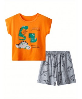 Boys Cute Dinosaurs Pajamas Set Sleeveless Tops Bottoms Comfortable Cozy Casual Homewear 