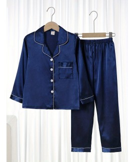 2pcs Boys And Girls Teen Casual Plain Color Long Sleeve Button Up Shirt Pants Pajama Set Clothes 
