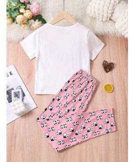 2pcs Girls Pajamas Outfit Cute Cartoon Panda Graphic Crew Neck T Shirt Top Elastic Waist Pants Sleepwear