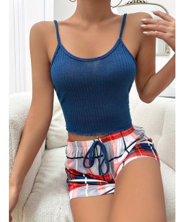 Plaid Print Pajama Set Round Neck Cami Top Elastic Waistband Shorts Womens Sleepwear Loungewear 