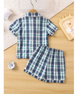 2pcs Boys Teen Casual Plaid Short Sleeve Button Up Shirt Shorts Pajama Set Clothes 