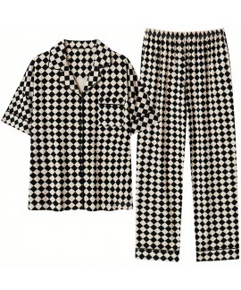 Plaid Pajama Set, Short Sleeve Button Up Top & Elastic Waistband Pants, Women's Sleepwear & Loungewear 